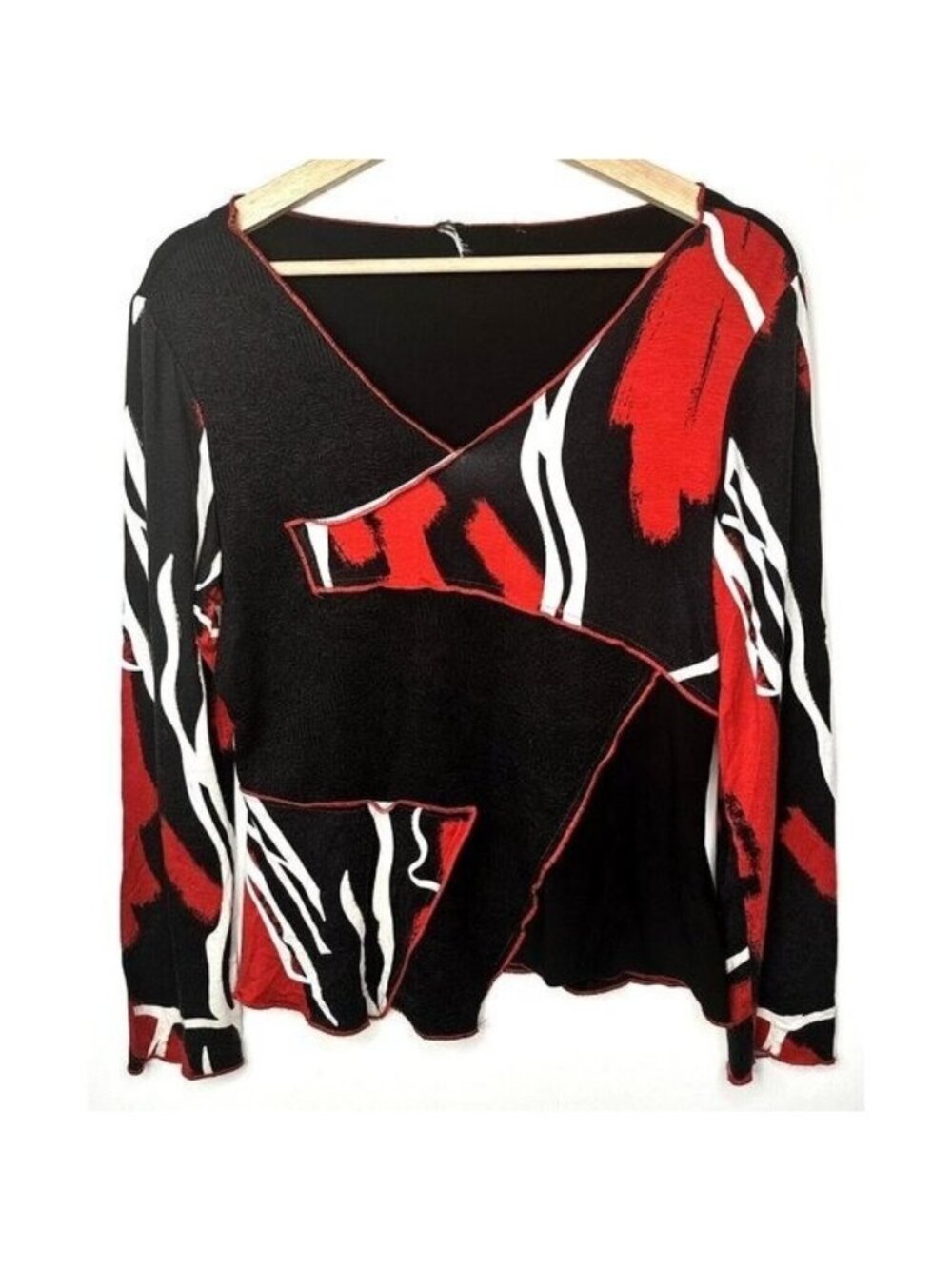 Vintage Y2K Knit Blouse Womens M Black Red Abstract Geometric Asymmetrical